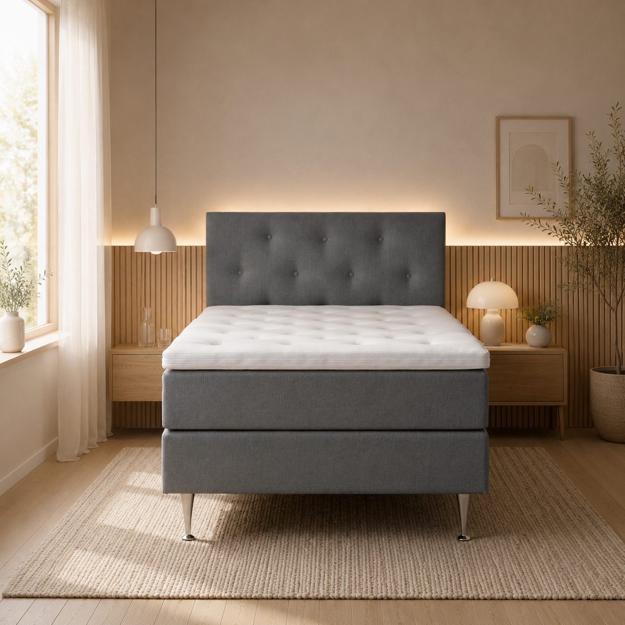 Kuvassa Basic -jenkkisänky harmaalla kankaalla verhoiltuna ja napitetulla päädyllä somistettuna. Kuvan sängyn leveys on 120cm.
